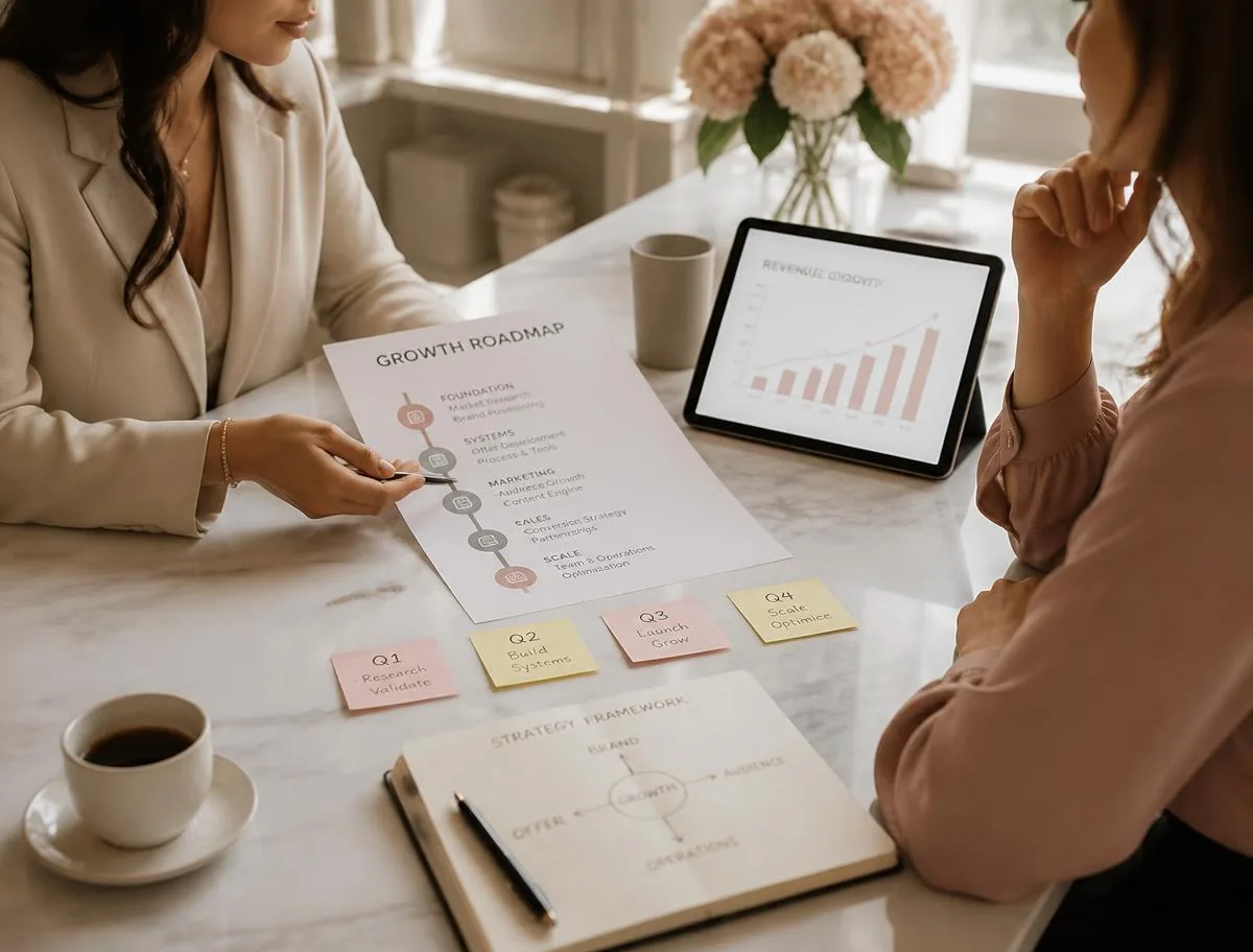 A consultant and a business owner reviewing a printed growth roadmap during a strategy session