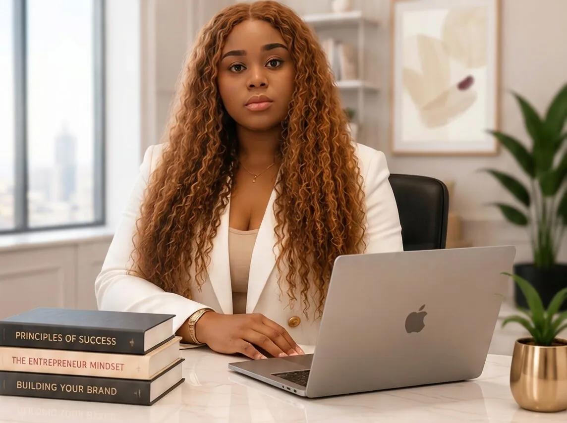 Founder of Roxiera Group seated at an executive desk with a laptop, planner and business books
