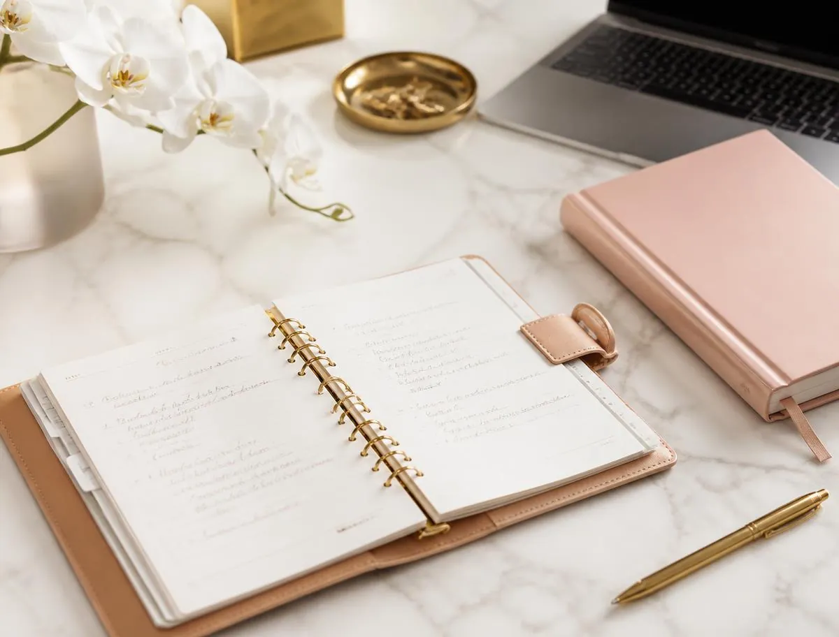Open planner with strategy notes, a gold pen and a laptop on a marble desk